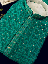 Men's Emerald Green Self-Patt Wedding Silk Blend Kurta - Wedding & Festive Outfit