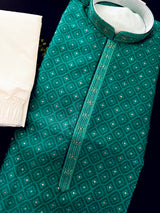 Men's Emerald Green Self-Patt Wedding Silk Blend Kurta - Wedding & Festive Outfit