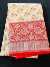 Ivory Cream and Red Banarasi Silk Saree with Floral design with wide border | Soft Silk Handloom | Banarasi Silk Sarees