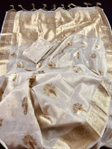 Off White with tint of Gold Linen Soft Silk Saree with Banarasi Borders and Pallu | Light Weight Saree with Zari Weave | Kaash Collection - Kaash Collection