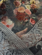 Grey Color Banarasi Organza Kora Silk Saree with Floral Digital Prints and Embroidery Work | Handmade Sarees | Embroidery Sarees - Kaash
