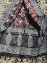 Grey Color Banarasi Organza Kora Silk Saree with Floral Digital Prints and Embroidery Work | Handmade Sarees | Embroidery Sarees - Kaash