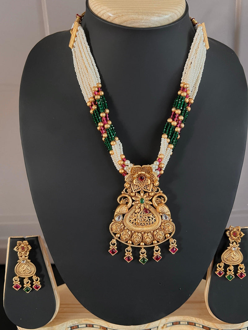 Handmade Antique Gold Finish Long Necklace and Earrings Set with Pearls, Onyx Beads and Kamp Stones | Indian Jewelry | Handmade Jewelry - Kaash