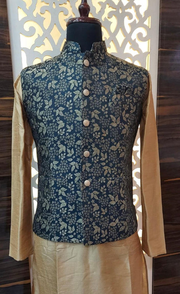 Charcoal Grey Color Modi Nehru Jacket For Men with Muted Gold Zari | Waist Coat | Jacket for Kurta | Gift For Him | Wedding Kurta - Kaash