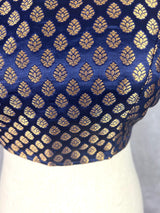 Boat Neck Midnight Blue Color Readymade Blouse with Gold Buttis in Pure Banarasi Silk | Readymade Blouses | Blue Color Stitched Blouse - Kaash