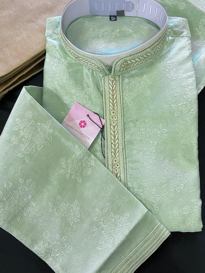 Light Green Color Men Kurta Pajama Set with Lining | Mens Ethnic Wear| Floral Patterns with Handwork on the neckline | Kurta Store in USA - Kaash