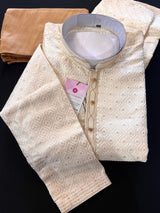 Creamy White Men Kurta Pajama with Embossed Embroidery and Zari | Sherwani Style Kurta | Wedding Kurtas | Kurta Store - Kaash