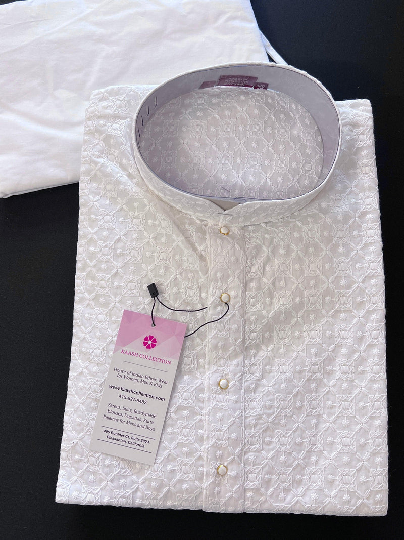 Pure Cotton Chikankari Lucknowi Men Kurta Pajama in White Color | Mens Ethnic Wear | Chikhankari Kurta | Summer Wear Kurtas | Cotton Kurta - Kaash