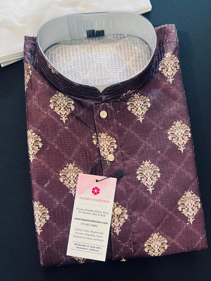 Eggplant Purple Designer Kurta with Floral Digital Print in Soft Butter Silk with Thread and Sequence Work | Mens Ethnic Wear | Kurta Store - Kaash