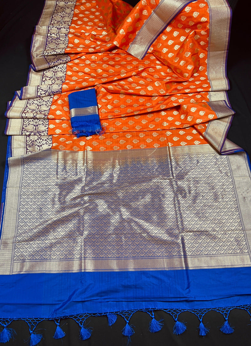 Orange Traditional Banarasi handloom Saree Silk with Purple Wide  Borders and Blue Pallu | Banarasi Silk Saree | Kaash Collection - Kaash Collection