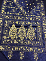 Midnight Blue Color Bangalori Silk Saree with Hand Kantha Stitch | Handwoven Kantha Stitch Sarees | Kantha Saress | Silk Sarees - Kaash