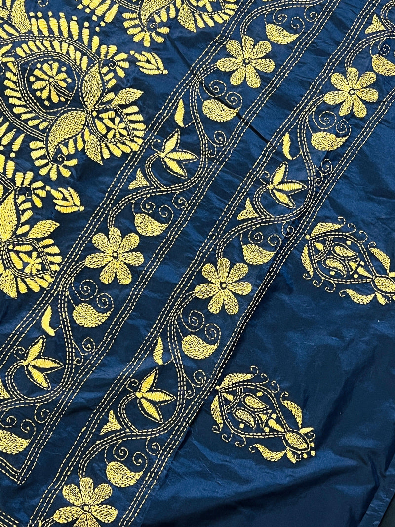 Midnight Blue Color Bangalori Silk Saree with Hand Kantha Stitch | Handwoven Kantha Stitch Sarees | Kantha Saress | Silk Sarees - Kaash