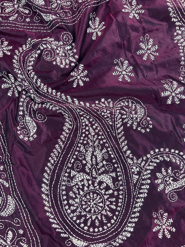 Burgundy Color Bangalori Silk Saree with Hand Kantha Stitch | Handwoven Kantha Stitch Sarees | Kantha Saress | Silk Sarees - Kaash