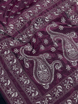 Burgundy Color Bangalori Silk Saree with Hand Kantha Stitch | Handwoven Kantha Stitch Sarees | Kantha Saress | Silk Sarees - Kaash