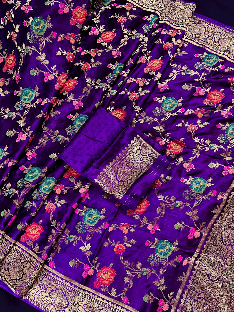 Statement Eggplant Color Pure Satin Silk Saree with Handwoven Floral Meenakari Floral Jaal Weave | Muted Gold Zari | Silk Mark Certified - Kaash