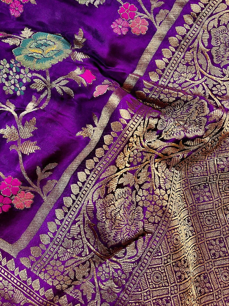 Statement Eggplant Color Pure Satin Silk Saree with Handwoven Floral Meenakari Floral Jaal Weave | Muted Gold Zari | Silk Mark Certified - Kaash