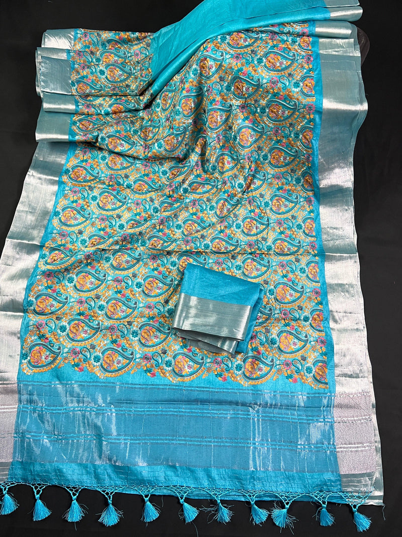 Sky Blue Pure Tussar Silk Saree with Kashmiri Embroidery Work and plain border | SILK MARK CERTIFIED | Embroidery Sarees | Kaash Collection - Kaash