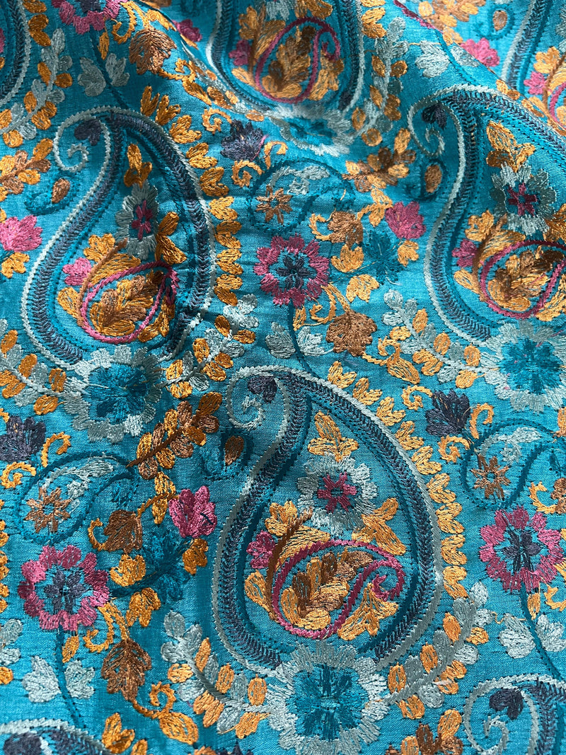 Sky Blue Pure Tussar Silk Saree with Kashmiri Embroidery Work and plain border | SILK MARK CERTIFIED | Embroidery Sarees | Kaash Collection - Kaash
