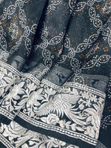 Black Color Pure Kora Organza Bandhej Bandhani Saree with Parsi Gara Embroidery Work | SILK MARK CERTIFIED | Black Color Saree | Parsi Sari - Kaash