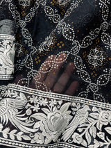 Black Color Pure Kora Organza Bandhej Bandhani Saree with Parsi Gara Embroidery Work | SILK MARK CERTIFIED | Black Color Saree | Parsi Sari - Kaash