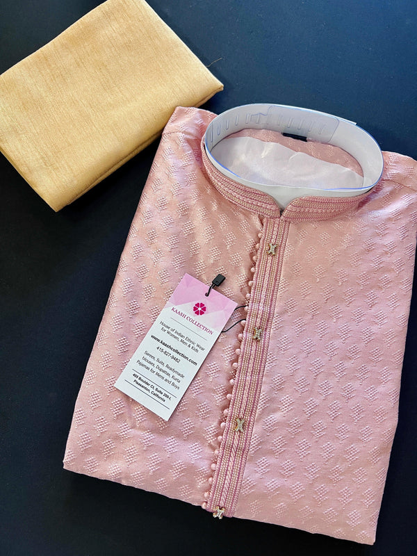 Tea Pink Color Raw Silk Kurta Pajama for Men | Self Design Embroidery Buttis | Cream Mens Kurta | Beige Color Kurta | Kurta Store in USA - Kaash
