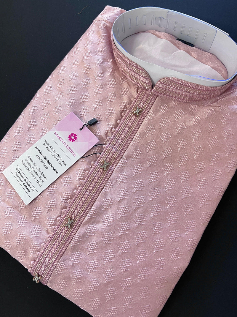Tea Pink Color Raw Silk Kurta Pajama for Men | Self Design Embroidery Buttis | Cream Mens Kurta | Beige Color Kurta | Kurta Store in USA - Kaash