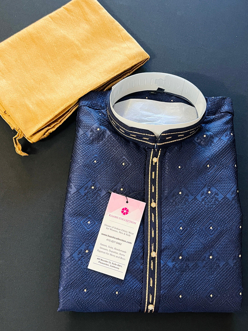 Blue Color Indian kurta for Men - Embossed Embroidery and Zari - Sherwani Style Kurta - Indian Wedding Kurta - Indian Outfit for Men - Kaash
