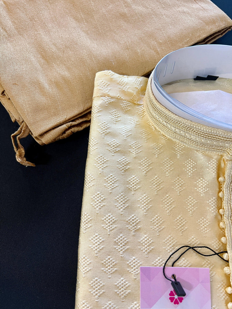 Creamy Beige Color Raw Silk Kurta Pajama for Men | Self Design Embroidery Buttis | Cream Mens Kurta | Beige Color Kurta | Kurta Store in USA - Kaash