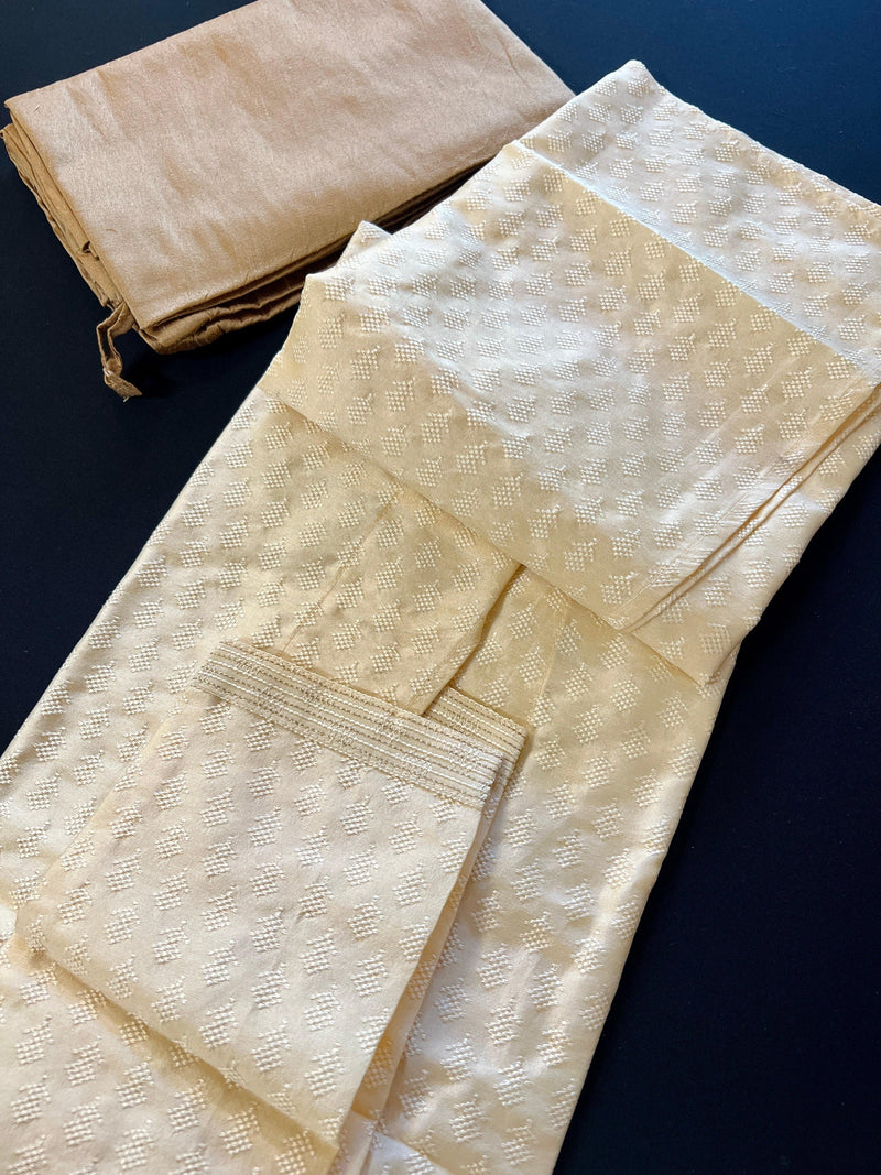 Creamy Beige Color Raw Silk Kurta Pajama for Men | Self Design Embroidery Buttis | Cream Mens Kurta | Beige Color Kurta | Kurta Store in USA - Kaash
