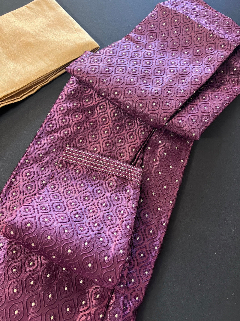 Eggplant Purple Men Kurta Pajama with Embossed Embroidery and Zari | Sherwani Style Kurta | Indian Wedding Kurta | Indian Outfit for Men - Kaash