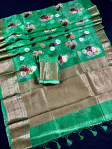 Digital Printed Floral Pure Banarasi Kora Organza Handmade Saree with Resham Antique and Sliver Zari | Light Weight Saree | Statement Sarees - Kaash