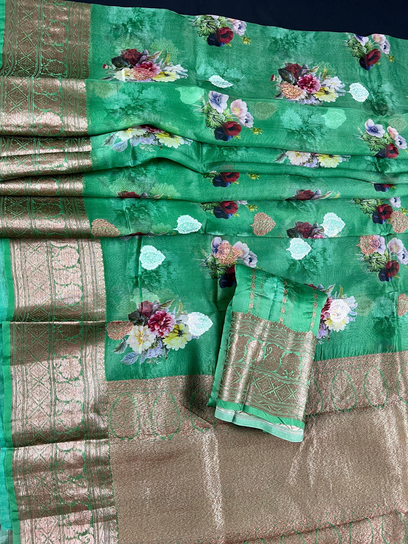 Digital Printed Floral Pure Banarasi Kora Organza Handmade Saree with Resham Antique and Sliver Zari | Light Weight Saree | Statement Sarees - Kaash