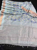 Pastel Sea Blue Floral Digital Embroidery Silk Linen Saree | Floral Saree| | Zari Border | Organic Silk Linen Saree | Ships from California - Kaash