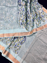 Pastel Sea Blue Floral Digital Embroidery Silk Linen Saree | Floral Saree| | Zari Border | Organic Silk Linen Saree | Ships from California - Kaash