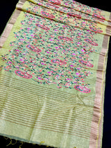 Lime Yellow Floral Digital Embroidery Silk Linen Saree | Floral Saree| | Zari Borders | Organic Silk Linen Saree | Ships from California - Kaash