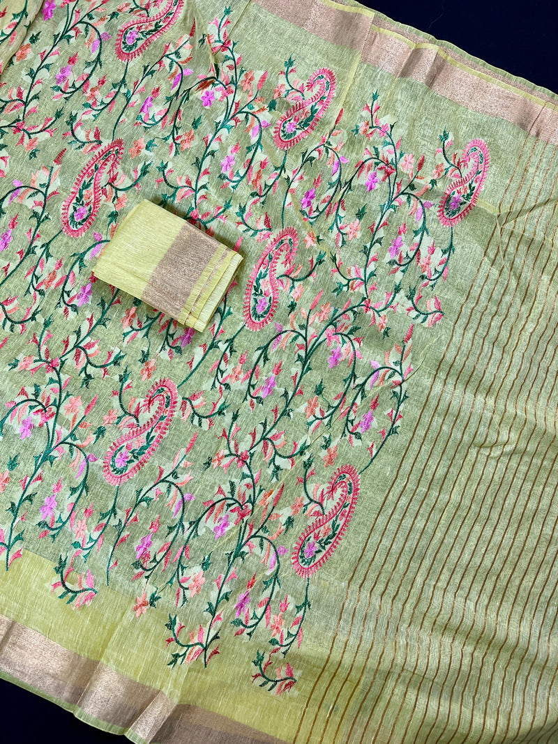 Lime Yellow Floral Digital Embroidery Silk Linen Saree | Floral Saree| | Zari Borders | Organic Silk Linen Saree | Ships from California - Kaash