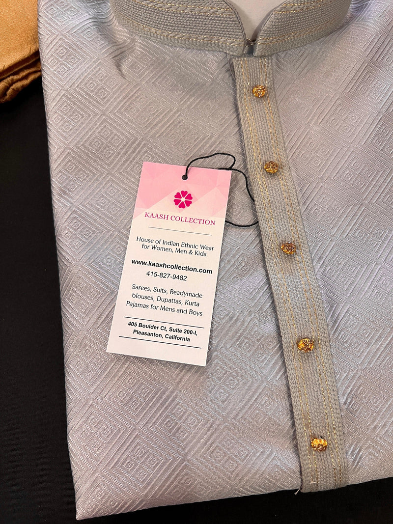 Grey Soft Silk Men Kurta Pajama with Self Design material | Men Ethnic Wear | Wedding Kurta for Men | Grey Color Kurta | Kurta Store in USA - Kaash