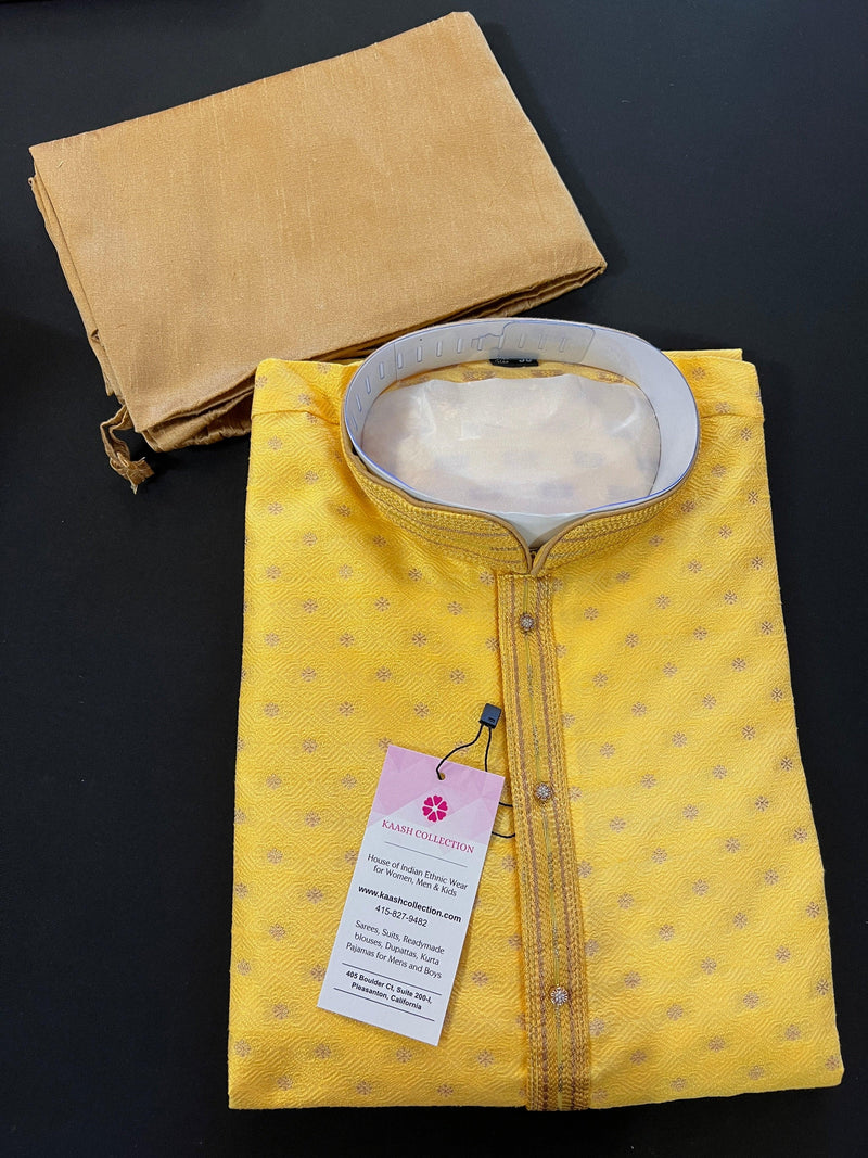 Yellow Color Jute Silk Kurta Pajama Set for Men - Self Embroidery and Zari Work - Mens Kurta for Haldi - Indian Outfit in Yellow Color - Kaash