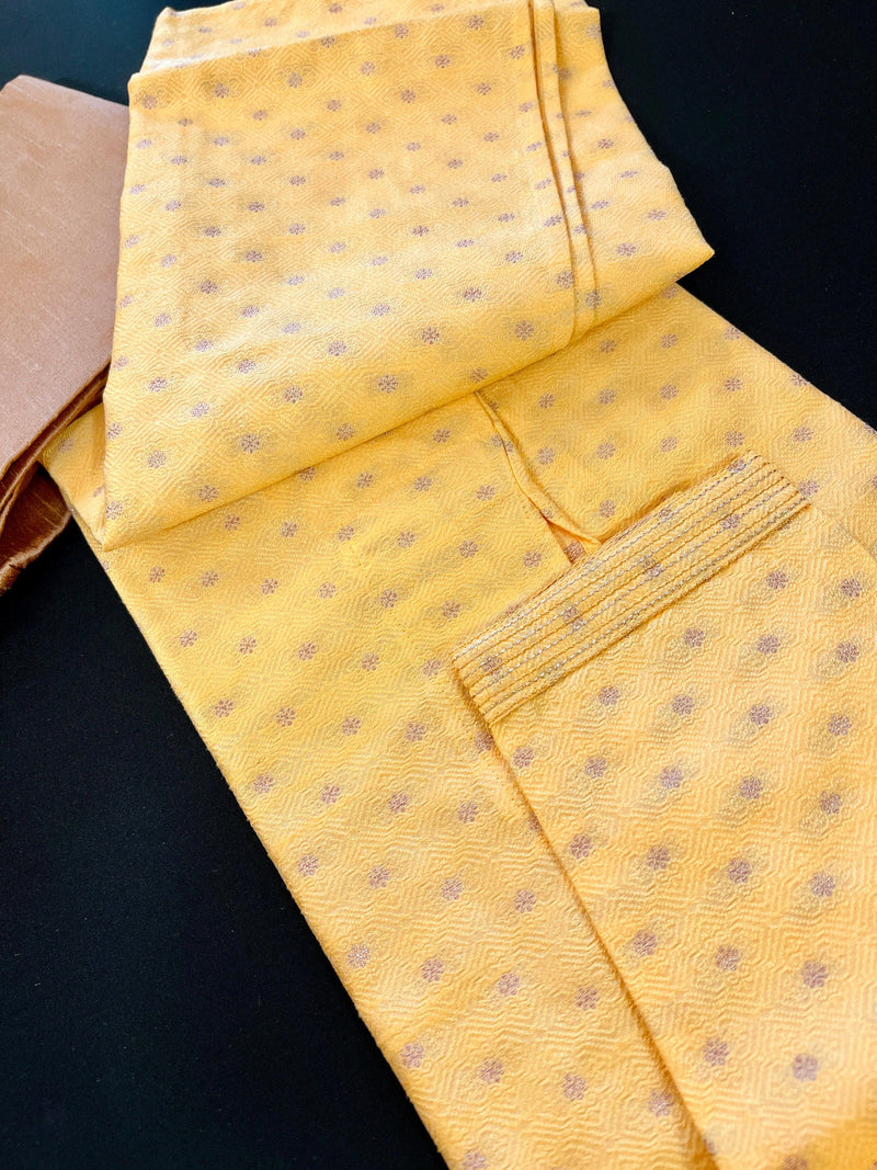 Yellow Color Jute Silk Kurta Pajama Set for Men - Self Embroidery and Zari Work - Mens Kurta for Haldi - Indian Outfit in Yellow Color - Kaash