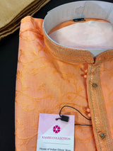 Peach Color Soft Silk Men Kurta Pajama for Men with Self Design material with small Zari Weave butti | Men Indian Wear USA California - Kaash
