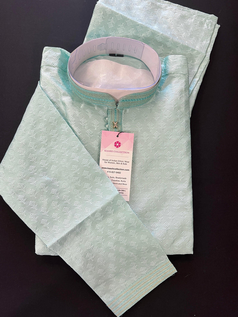Pastel Sea Green Raw Silk Kurta Pajama Set for Men | Self Design Embroidery Buttis | Wedding Kurta | Groomsmen Kurta | Kurta Store in USA - Kaash