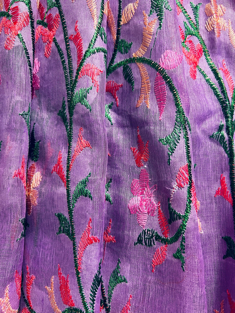 Lavender Floral Digital Embroidery Silk Linen Saree | Floral Saree | Zari Border | Organic Silk Linen Saree | Ships from California - Kaash