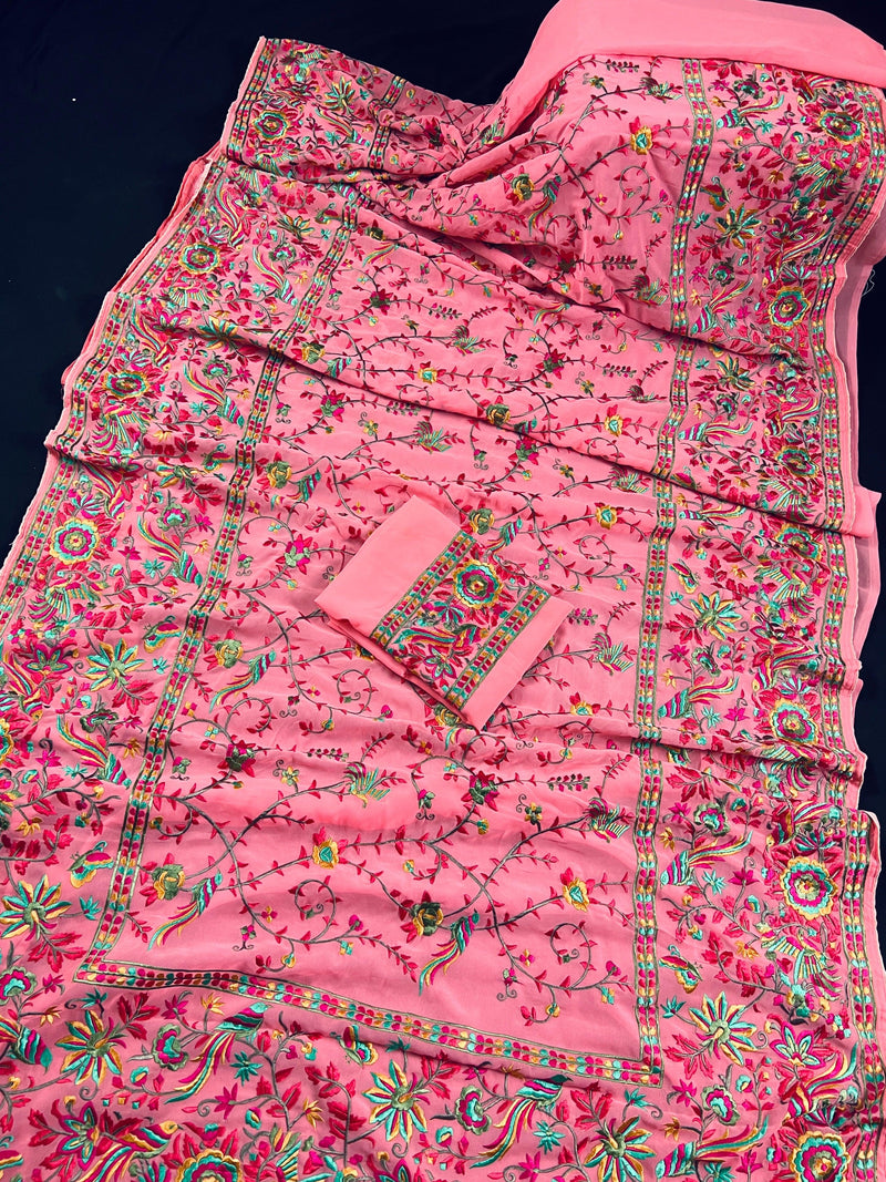 Strawberry Pink Parsi Gara in Semi Georgette Silk Saree | Parsi Gara Saree | Pink Color Saree | Embroidery Sarees | Saree Store California - Kaash