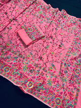 Strawberry Pink Parsi Gara in Semi Georgette Silk Saree | Parsi Gara Saree | Pink Color Saree | Embroidery Sarees | Saree Store California - Kaash
