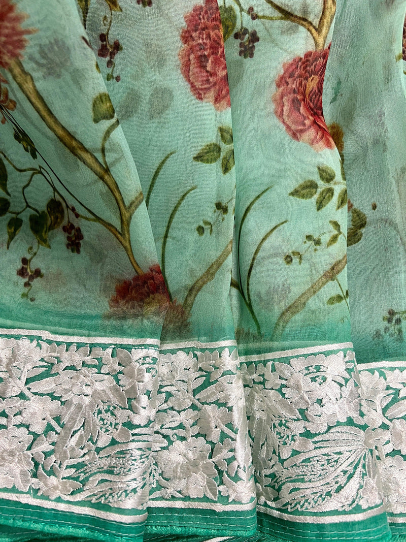 Pastel Sea Green Pure Kora Organza Digital Floral with Parsi Gara Embroidery Work | SILK MARK CERTIFIED | Saree Store in USA - Kaash
