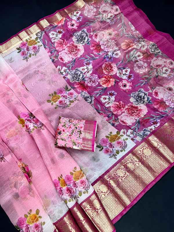 Ombre Pink Color Pure Banarasi Organza Silk Saree with Digital Floral | SILK MARK CERTIFIED | Saree Store in Usa - Kaash