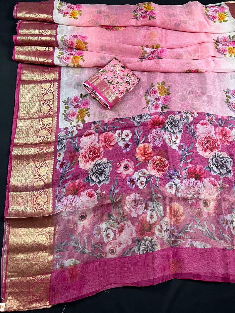 Ombre Pink Color Pure Banarasi Organza Silk Saree with Digital Floral | SILK MARK CERTIFIED | Saree Store in Usa - Kaash
