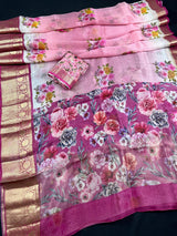 Ombre Pink Color Pure Banarasi Organza Silk Saree with Digital Floral | SILK MARK CERTIFIED | Saree Store in Usa - Kaash