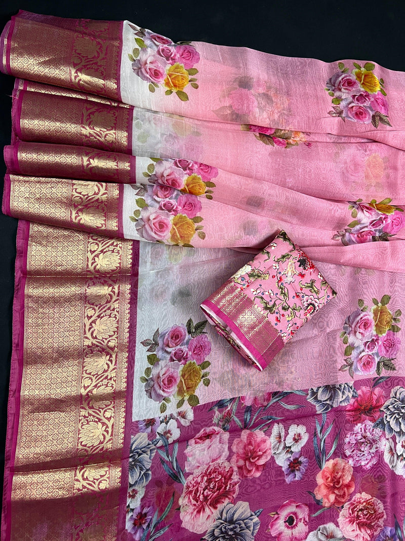 Ombre Pink Color Pure Banarasi Organza Silk Saree with Digital Floral | SILK MARK CERTIFIED | Saree Store in Usa - Kaash