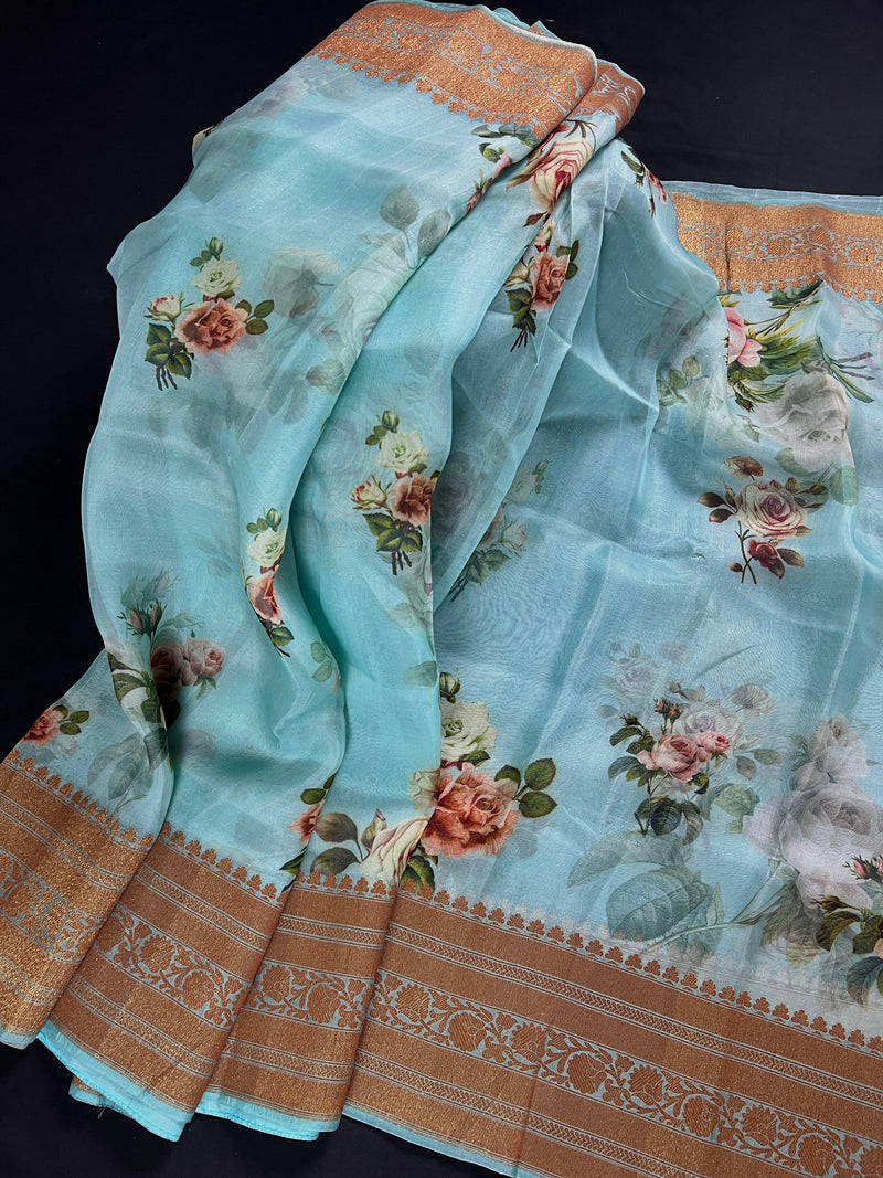 Pastel Sea Blue Color Pure Banarasi Organza Silk Saree with Digital Floral and Antiques Zari | SILK MARK CERTIFIED | Saree Store California - Kaash